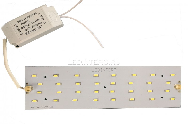 Светодиодная плата Ledintero 240*70mm AL PCB(32pcs5730/16W) с блоком питания (IP20)